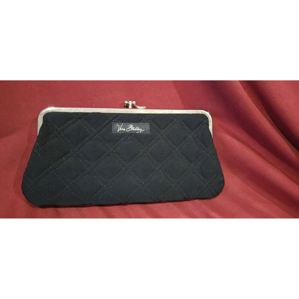 NWOT Vera Bradley Deep Black Microfiber Quilted Kisslock Clutch Wallet 8x4